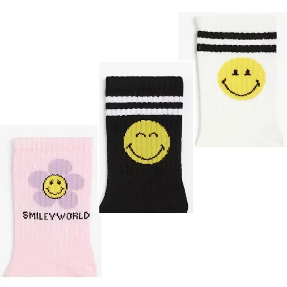 Smiley World 3‎ Pairs Girl's Crew Socks NWOT Pink White Black Girly Floral